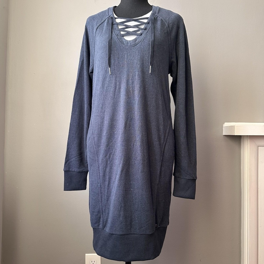 PrAna Cozy Up Terry Dress Womens XS Blue Nautical Lace Up Sweatshirt‎ Dress